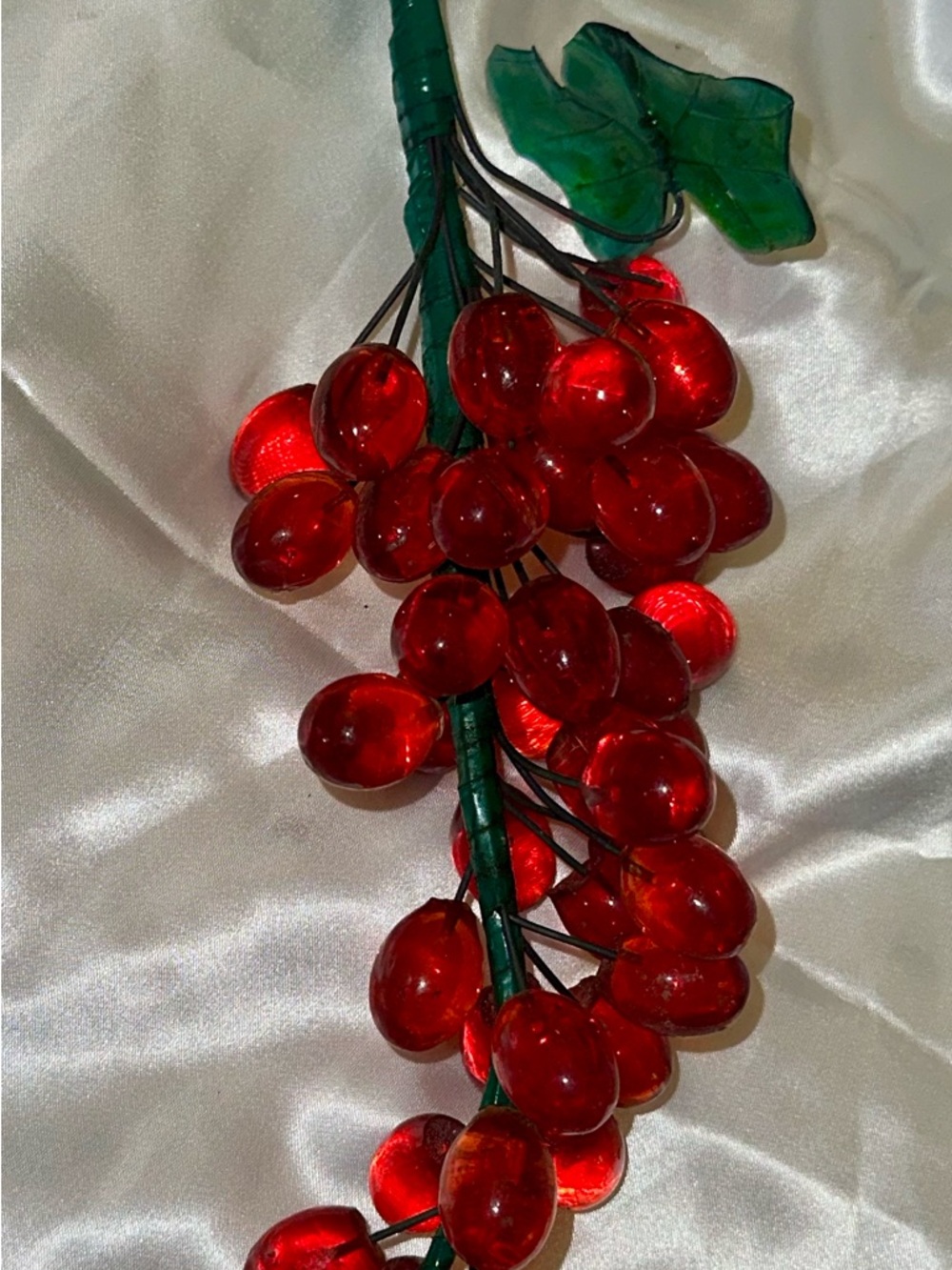 Vintage Red Cherry Garland with Green Leaves
